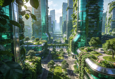 Shanghai skyscrapers and green trees in Shanghai, Chinaの写真素材