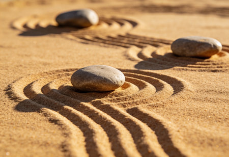zen garden meditation stone in sand and wave pattern, concept of harmony and balanceの写真素材