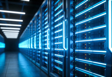 server room data center with rows of server racks. 3d rendering