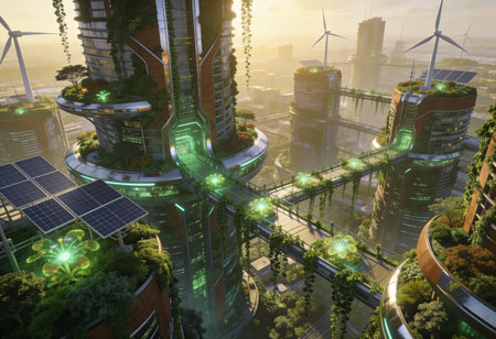 3D render of a futuristic city with solar panels and wind turbinesの写真素材