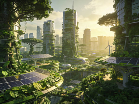 Green city with photovoltaic panels and buildings. 3D rendering