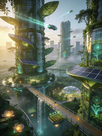 3d render of futuristic city with solar panels and green plants.の写真素材
