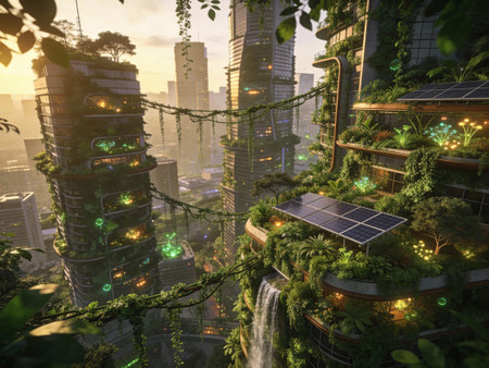 3d render of a futuristic cityscape with green trees and a waterfall