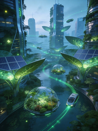 Ecology concept with cityscape and green plant, 3d renderの写真素材