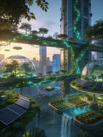 Ecology concept with solar panels and green plants in the city.