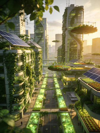 Green city with solar panels and trees in the city, 3d render
