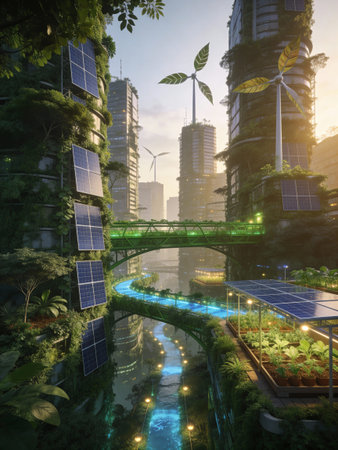 Green energy concept with solar panels and wind turbines in the city.