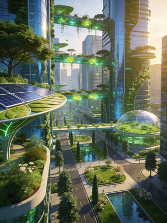 Green energy concept with solar panels and cityscape. 3D rendering