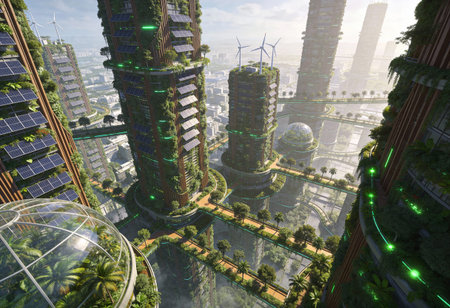 3D rendering of a futuristic city with solar panels and wind turbines