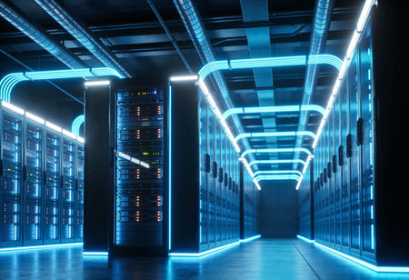 Futuristic server room interior with blue neon lights. 3D Rendering