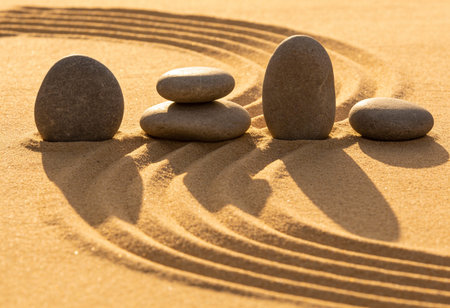 zen garden meditation stone and shadow in the sand, zen concept