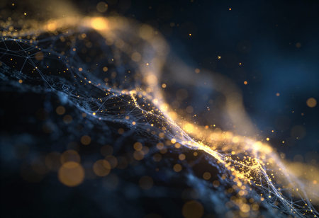 Abstract technology background with glowing particles. Big data visualization. 3D rendering