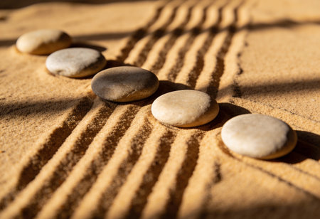 zen stones in the sand, concept of meditation and relaxation, harmony and balance
