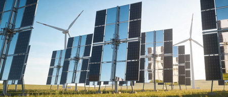Solar panels and wind turbines in solar power plant. Alternative energy source