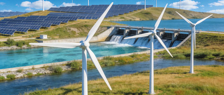 Wind turbines and photovoltaic panels on the background of a lake