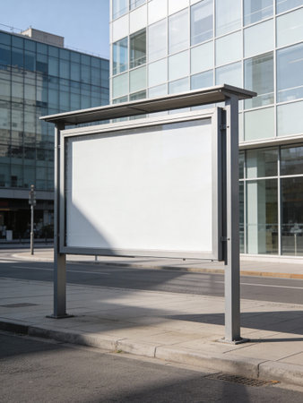 Blank billboard on the street in front of a modern office building