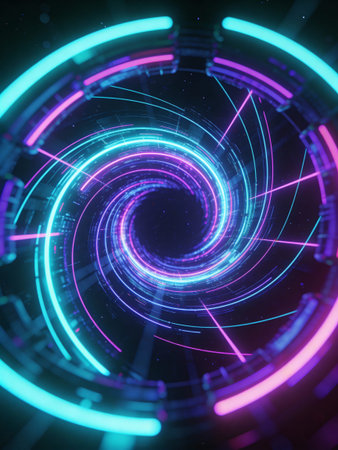 Neon circles abstract background, futuristic techno design, 3D rendering