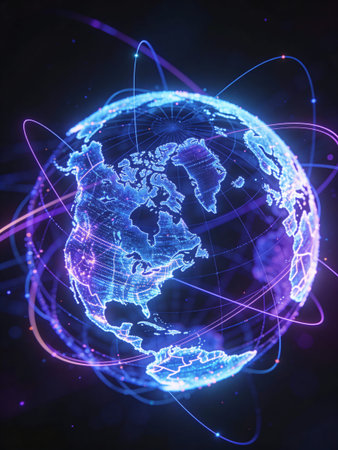 Glowing world map on dark background. Globalization concept. 3D Rendering