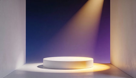 3d rendering of a white podium in a dark room illuminated by a beam of light