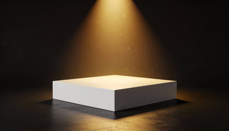 White podium illuminated by spotlights on dark background. 3D rendering