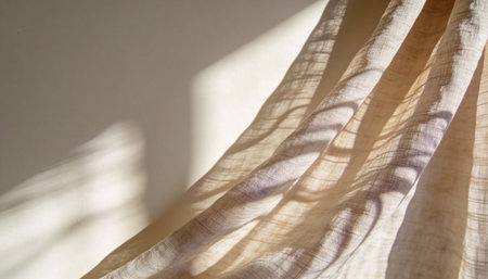 Curtain with shadow on white wall background. Sunlight through window.の写真素材