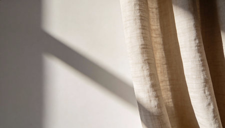 Curtain with sunlight and shadow on white wall. Abstract background.の写真素材