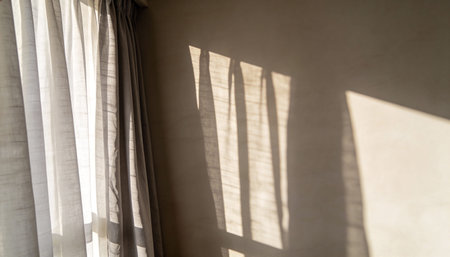 White curtain and shadow on the wall in a room with sunlight.
