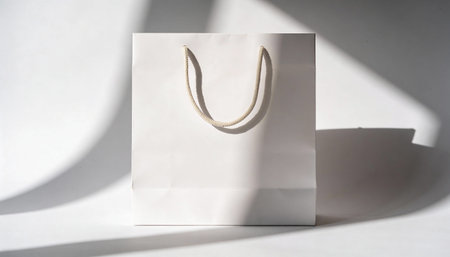 White paper bag with shadow on white background. Minimal concept.の写真素材