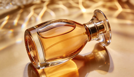 Perfume bottle on golden background, closeup. Luxury fragranceの写真素材