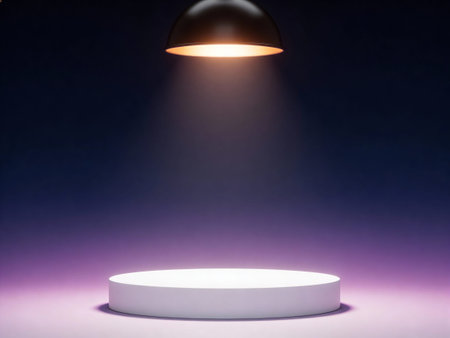 White round podium illuminated by spotlights on purple background. 3D rendering