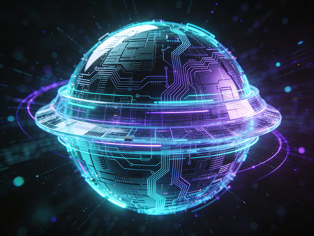 3D rendering abstract digital globe with circuit and connections on dark backgroundの写真素材