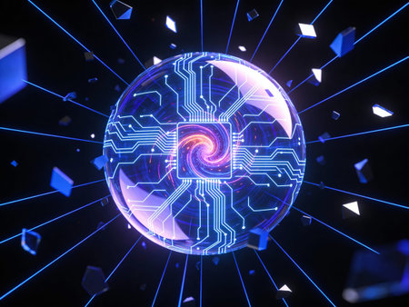3d rendering of a crystal sphere with a circuit board inside, surrounded by geometric shapes
