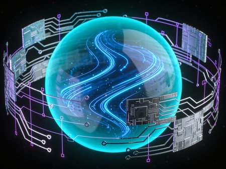 3d rendering of blue globe with circuit board and light trails on itの写真素材