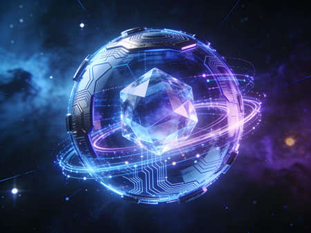 3d rendering of crystal sphere in space with blue lights and stars