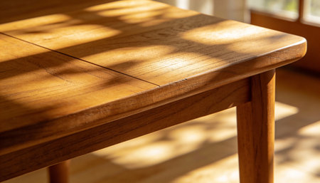 Wooden table in the room with natural light and shadow from window