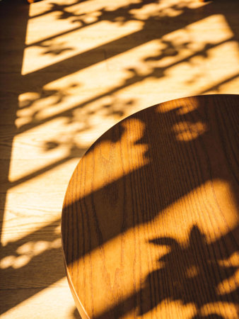 Wooden table and shadow of tree branch on the wooden floor.の写真素材