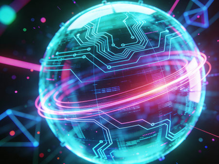 Abstract technology background with circuit board and world map. 3D Renderingの写真素材