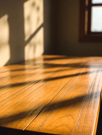 Wooden table with sun light and shadow from window, stock photo