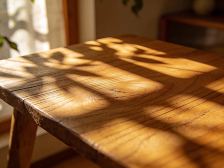 Wooden table with shadow from the window. Selective focus.