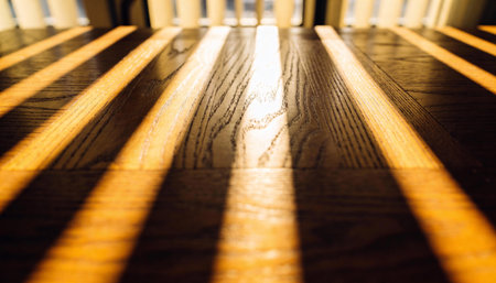 Wooden stairs with sunlight and shadow from the window. Selective focus