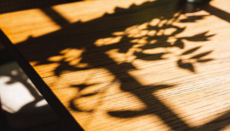 Shadow of a leaf on a wooden table. Sunlight and shadows.の写真素材