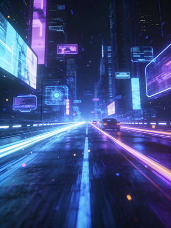 abstract scene of night traffic with cityscape and digital interface.