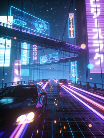 Futuristic city at night with neon lights, 3d renderingの写真素材