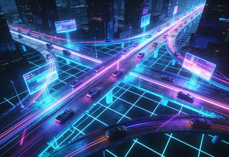 3d rendering of abstract futuristic road with neon lights and city background