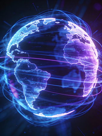 Glowing planet Earth with glowing lines and dots. Global network connection. 3D rendering.
