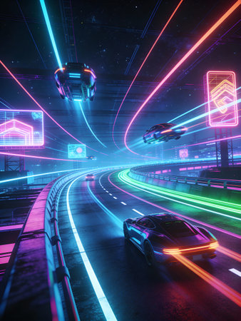 3d rendering car on the road with neon lights and tunnel background