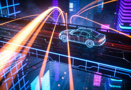 Futuristic car hologram on abstract screen. 3D Renderingの写真素材