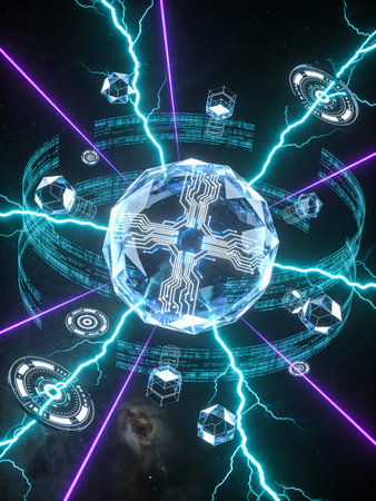 3d rendering of abstract technology background with circuit board and glowing sphere