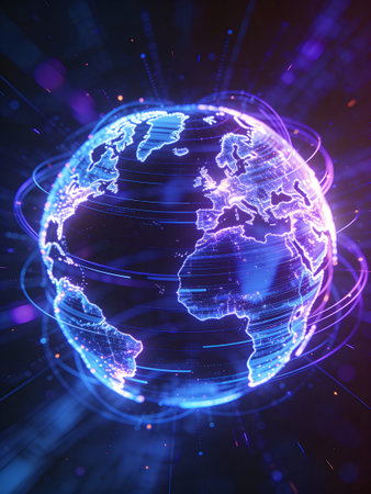 3D rendering of abstract digital globe with glowing dots and lines. Technology concept