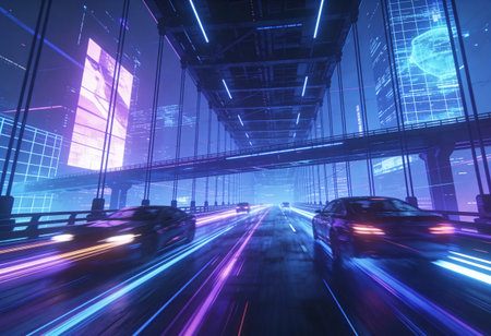 Abstract night city with light trails on the road. 3d rendering